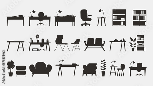 Collection of office furniture and home decor items in minimalist black silhouette style on white background