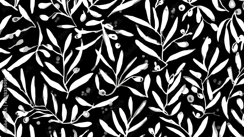 Fototapeta premium Olive leaf seamless pattern line art botanical