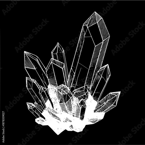 Black and white crystal cluster illustration drawing gemstone mineralogy geology rockhound aesthetic design art