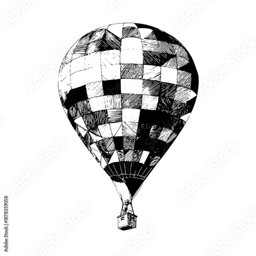 Vintage hot air balloon illustration sketch drawing black and white travel adventure graphic design element vector art