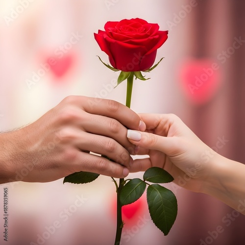 A man's hand giving a beautiful single red rose to a woman's hand, symbolizing love and affection, with a romantic blurred background of pink hearts.
