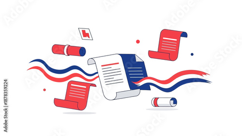 Abstract legal documents and red blue waves on white background