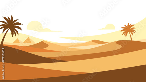 Desert Landscape with Palm Trees and Pyramids