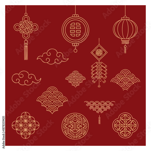 Asian lanterns, clouds, and ornaments hanging from above, depicted in golden line art on a red background, viewed from directly above, in an illustration file b2.svg