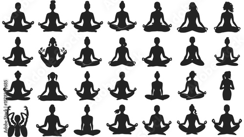 Collection of various yoga poses in black silhouettes on a white background for meditation and wellness practices