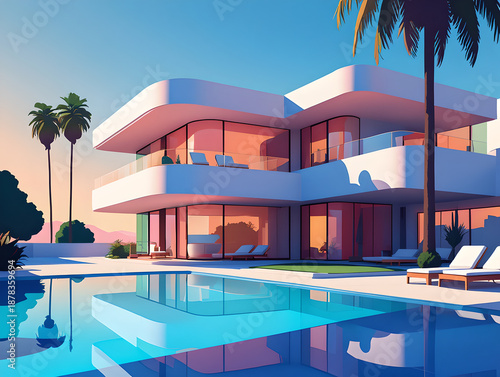 Modern Luxury Villa with Swimming Pool at Sunset