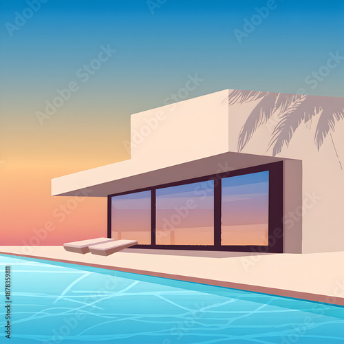 Modern Luxury Villa with Swimming Pool at Sunset