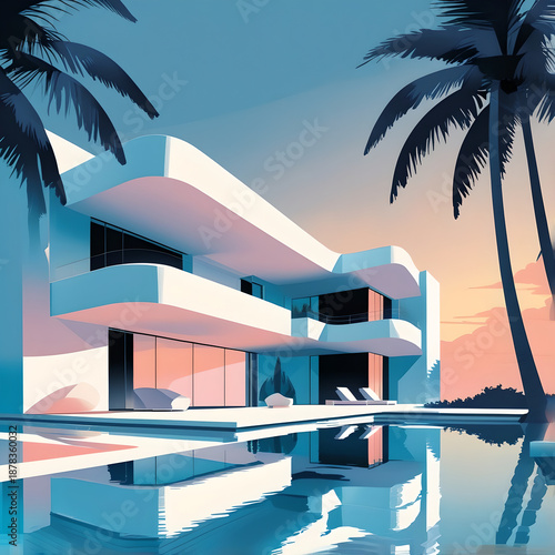 Modern Luxury Villa with Swimming Pool at Sunset