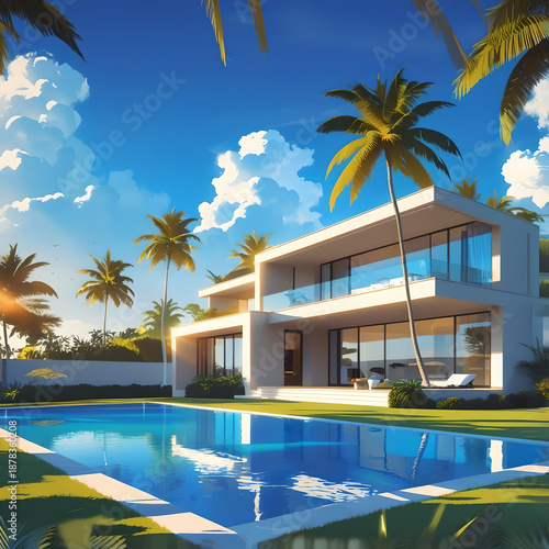 Luxury Modern Villa with Swimming Pool and Palm Trees at Sunset