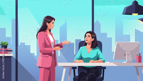 Modern business meeting and collaboration vector illustration depicting two professional women discussing work in a contemporary office, perfect for corporate themes and productivity