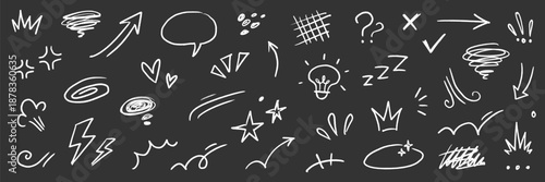 Line cartoon comic hand drawn movement elements. Hand drawn doodle line emoji sketch element arrow, emphasis mark, shock emotion, star shape. Crayon line anime expression icon. Vector illustration