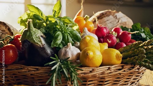 Bountiful basket of fresh produce, herbs, and rustic bread, illuminated by natural light