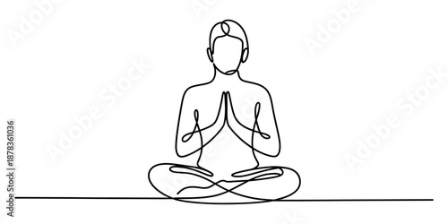 Continuous line drawing of a person meditating in a yoga pose with hands in prayer position Vector, illustration