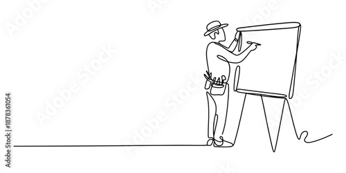 Continuous line art drawing illustrating an artist or presenter at work on a large easel Vector, illustration