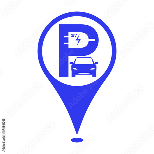 Electric car parking location icon, Electrical plugs on Parking symbol with a car on a location map marker icon