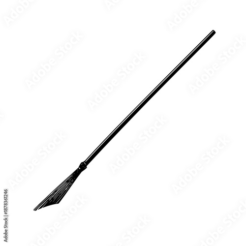 Illustration of a long handled broom used for cleaning and sweeping in a black and white vector image style