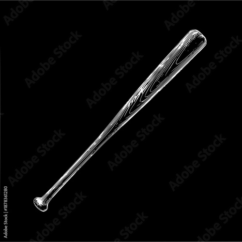 Illustration of a baseball bat on a black background with detailed wood grain and handle design shown clearly