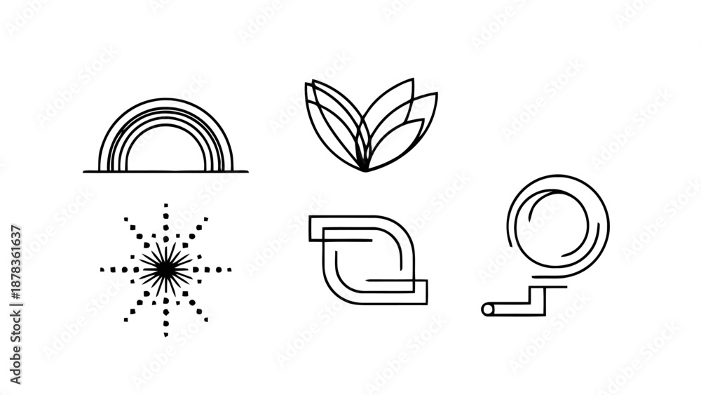 Fototapeta premium Abstract eco sustainability line icon set featuring rainbow, leaves, sunburst, recycle, and renewable energy symbols for environmental design
