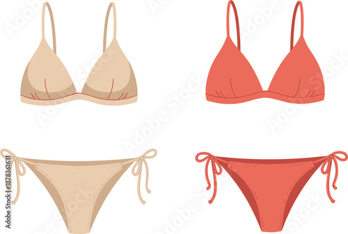 Bikini swimwear set illustration, summer beach fashion, women swimsuit top bottom collection, minimal flat vector design, trendy colors