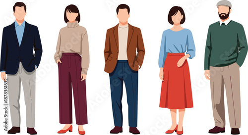Casual fashion people set, modern men women outfits, flat character illustration collection, stylish everyday clothing, trendy lifestyle design pack