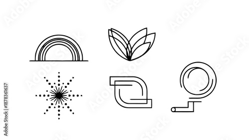 Abstract eco sustainability line icon set featuring rainbow, leaves, sunburst, recycle, and renewable energy symbols for environmental design