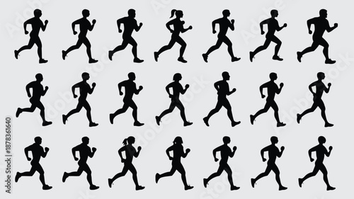 Collection of black silhouettes of people running in various dynamic poses and movements on a plain background