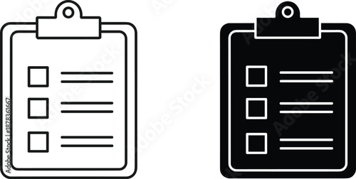 clipboard checklist icon set, task list document symbols, black and outline vector style, business planning interface elements illustration pack