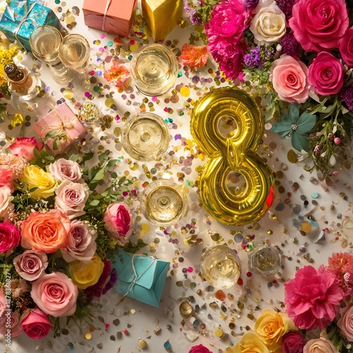 Celebrating Women's Day with lots of flowers, gifts, confetti, a bottle of champagne, and many glasses of wine. 