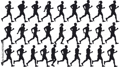 a group of people running in different positions and movements shown in silhouette high quality professional