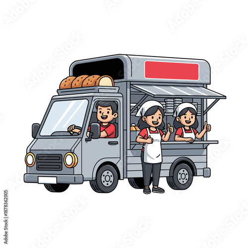 Cartoon vector illustration of a happy family of four traveling together in a car on the road