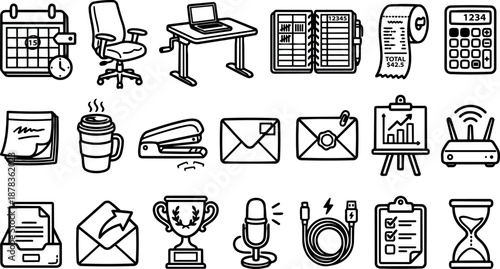 Hand drawn line icon set of office supplies arranged in grid featuring laptop desk chair calendar coffee hourglass