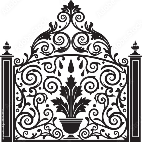 Black ornate floral gate with urn and finials scroll