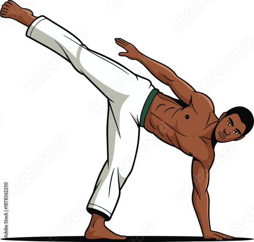 Male Capoeira Practitioner Performing a High Kick Martial Arts Move, Concept of Afro-Brazilian Dance, Athletic Flexibility, Combat Training, and Cultural Physical Expression Vector Illustration