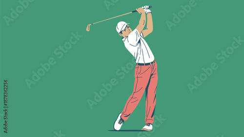 Professional Golfer Performing a Full Swing Follow-Through, Concept of Athletic Precision, Golfing Skills, Outdoor Sports Recreation, and Active Fitness Lifestyle Vector Illustration