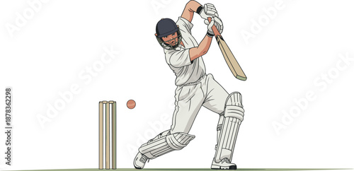 Professional Cricket Batsman Hitting a Ball in High-Action Motion, Concept of Athletic , Cricket Batting Skills, International Sports Competition, and Active Fitness Lifestyle Vector Illustration