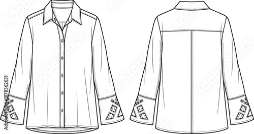Women long sleeve shirt technical fashion illustration with decorative cuffs front and back view flat vector line drawing apparel design