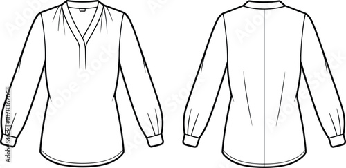 Women V neck blouse technical fashion illustration with long sleeves front and back view flat vector line drawing apparel design