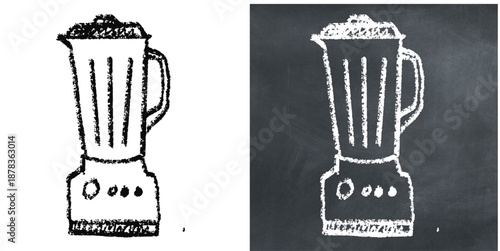 Chalk handdrawn blender vector for smoothie menus. Ideal for kitchen appliances, fresh juice bars, mixing tools, and blackboard culinary art.