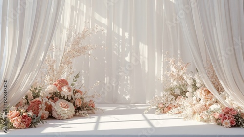 Elegant Wedding Backdrop with Soft White Drapes and Delicate Pink Peony and Rose Flower Arrangements in Sunlight