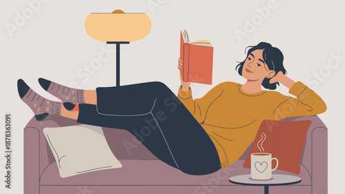 Woman Relaxing on a Sofa Reading a Book with a Hot Drink, Concept of Home Comfort, Literary Leisure, Mental Wellness, Cozy Lifestyle, and Peaceful Solitude Vector Illustration