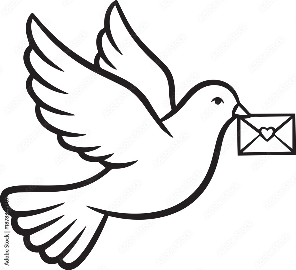 Obraz premium Black outline dove carrying envelope with heart bird