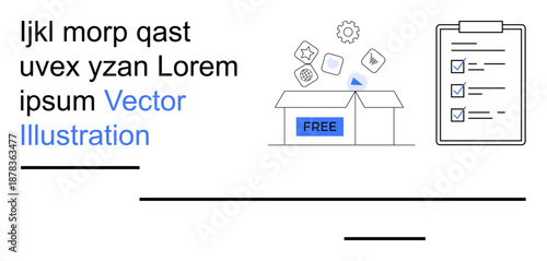 E-commerce, subscriptions, digital services, online offers, free trials, task management. Open box labeled free, checklist with ticks digital icons above the box. E-commerce and subscriptions