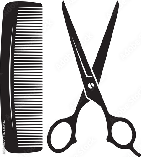 Black silhouette of a comb and scissors haircut hair salon