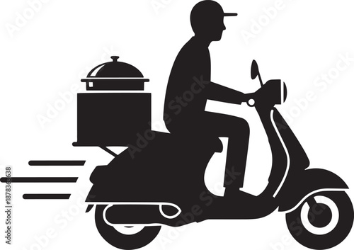 Black silhouette of a delivery person on a scooter with a food container