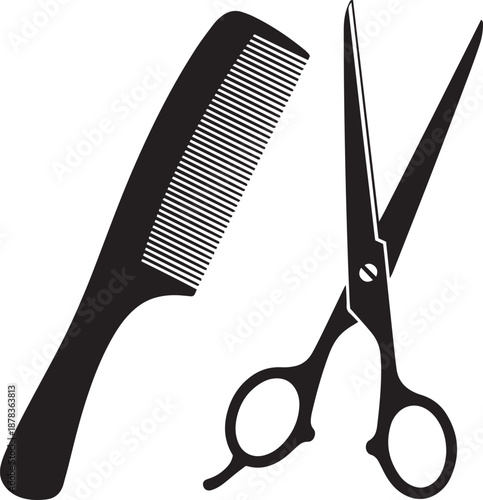 Black silhouette of scissors and comb on white background