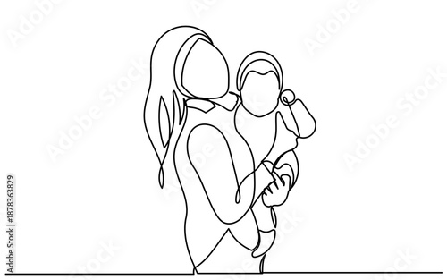 Mother and baby line art vector illustration. Minimalist line art of a mother holding her children, continuous line drawing of a mother, love, care, newborn, happy, cute vector.