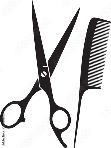 Black silhouette of scissors and comb on white background 1