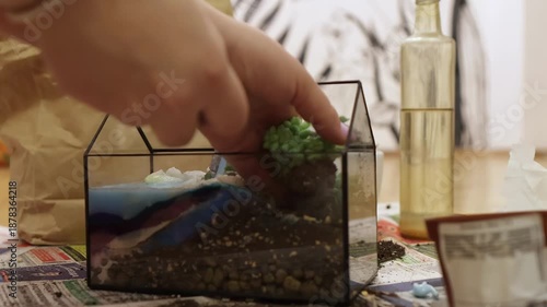 Hands arrange moss, Indoor workspace scene with hands placing moss into glass container, Detailed view of female hands methodically positioning moss into rectangular glass planter in indoor setting