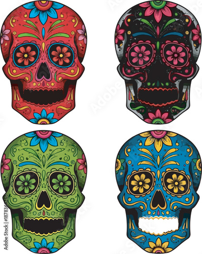 Four colorful sugar skulls with floral patterns day of the dead