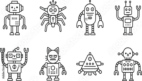 Modern robot characters line icon set featuring various android mascots, spider bot, and mechanical creatures